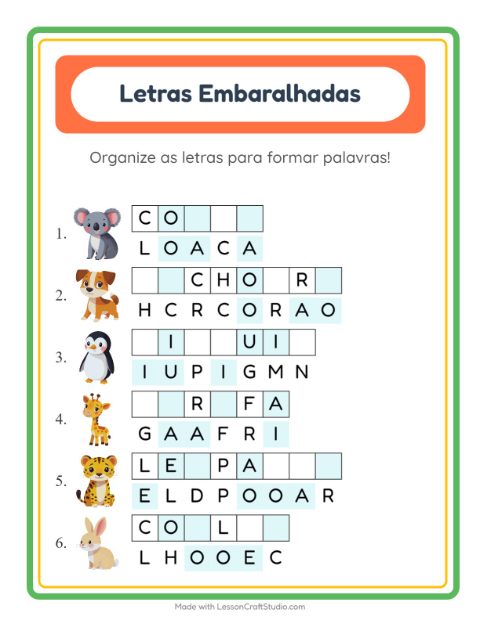 Pré-visualização da ficha de Letras Embaralhadas para 1º ano do ensino fundamental