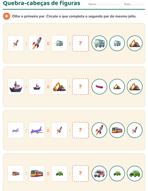 Pré-visualização da ficha de Lógica visual com Veículos para 1º ano do ensino fundamental