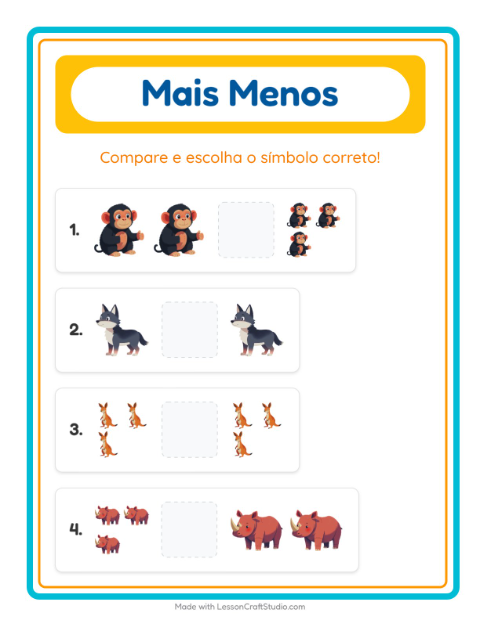 Pré-visualização da ficha de Mais Ou Menos com Animais do zoológico para Educação infantil (creche, 3-5 anos)