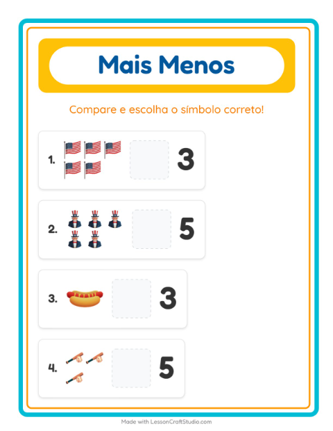 Pré-visualização da ficha de Mais Ou Menos com 4 de Julho para Educação infantil (creche, 3-5 anos)