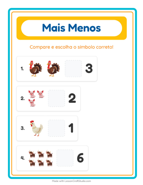 Pré-visualização da ficha de Mais Ou Menos com Animais da fazenda para Educação infantil (creche, 3-5 anos)