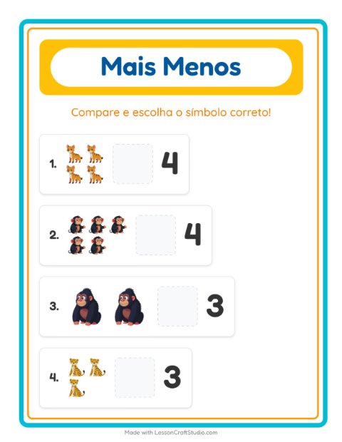 Pré-visualização da ficha de Mais Ou Menos com Animais do zoológico para Educação infantil (creche, 3-5 anos)