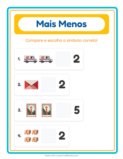 Pré-visualização da ficha de Mais Ou Menos com Correios para Educação infantil (creche, 3-5 anos)