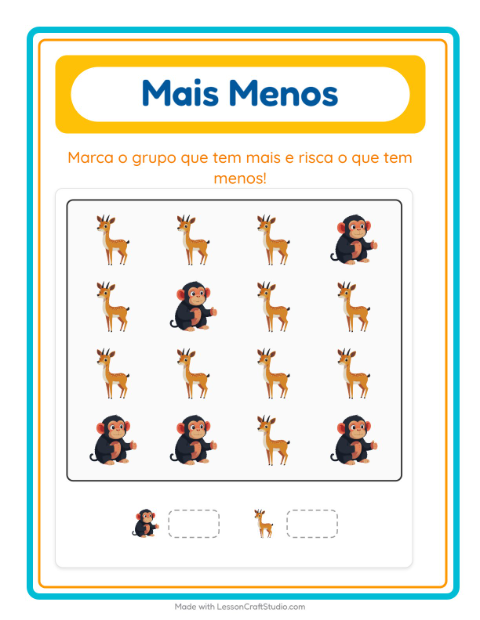 Pré-visualização da ficha de Mais Ou Menos com Animais do zoológico para Educação infantil (creche, 3-5 anos)