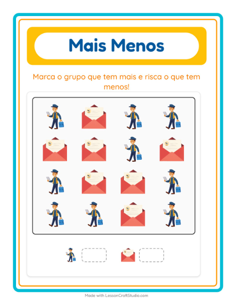 Pré-visualização da ficha de Mais Ou Menos com Correios para Educação infantil (creche, 3-5 anos)