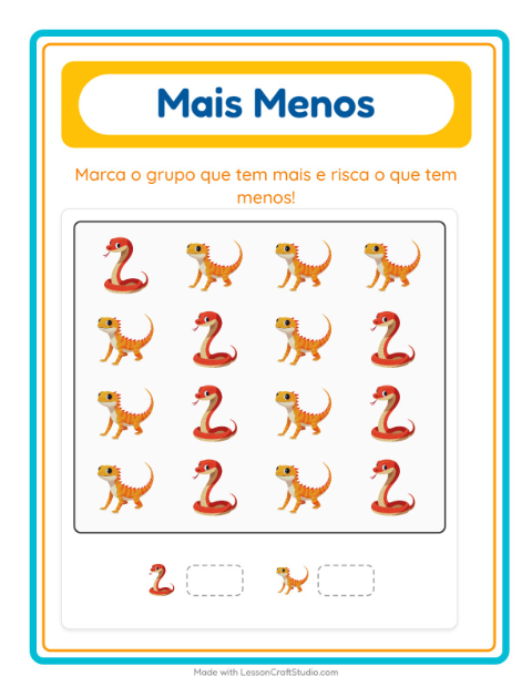 Pré-visualização da ficha de Mais Ou Menos com Répteis e anfíbios para Educação infantil (creche, 3-5 anos)