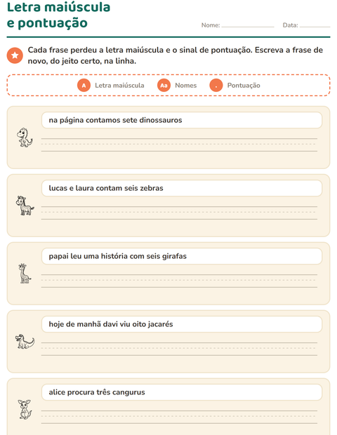 Pré-visualização da ficha de Maiúscula e pontuação com Animais do zoológico PB para 2º ano do ensino fundamental