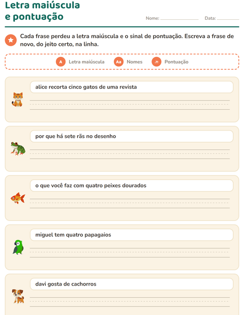 Pré-visualização da ficha de Maiúscula e pontuação com Animais de estimação para 2º ano do ensino fundamental