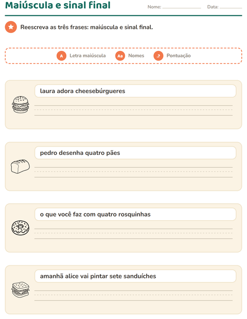 Pré-visualização da ficha de Maiúscula e pontuação com Comida PB para 2º ano do ensino fundamental