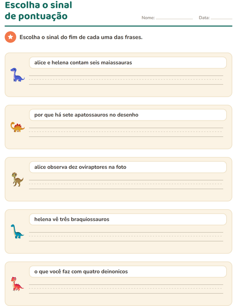 Pré-visualização da ficha de Maiúscula e pontuação com Dinossauros para 2º ano do ensino fundamental