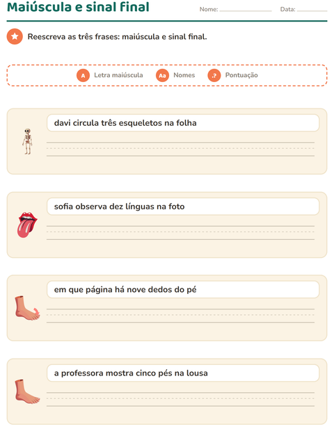 Pré-visualização da ficha de Maiúscula e pontuação com Partes do corpo para 2º ano do ensino fundamental