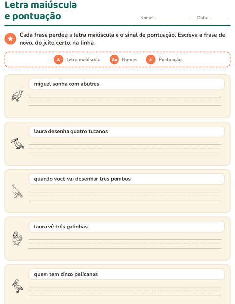 Pré-visualização da ficha de Maiúscula e pontuação com Pássaros P&B para 2º ano do ensino fundamental