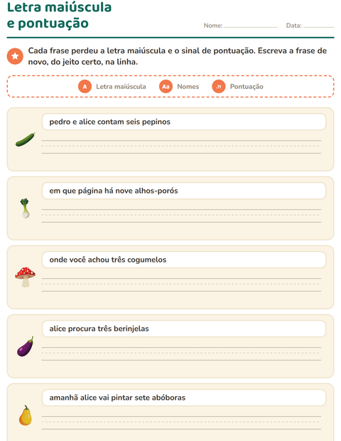 Pré-visualização da ficha de Maiúscula e pontuação com Vegetais para 2º ano do ensino fundamental