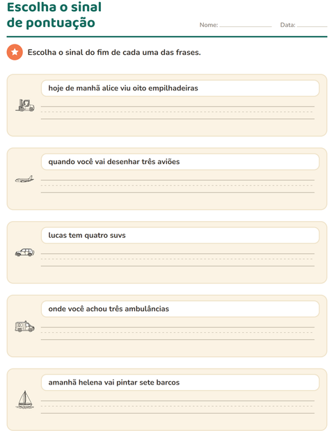 Pré-visualização da ficha de Maiúscula e pontuação com Veículos PB para 2º ano do ensino fundamental