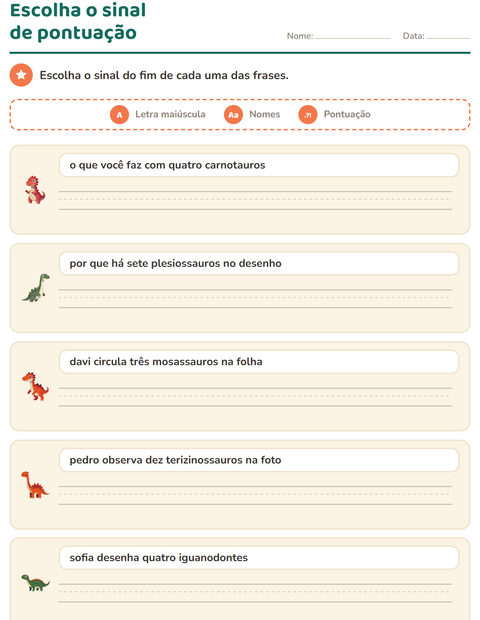 Pré-visualização da ficha de Maiúscula e pontuação com Dinossauros para 2º ano do ensino fundamental