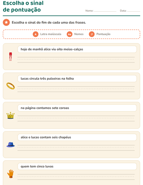 Pré-visualização da ficha de Maiúscula e pontuação com Acessórios para 2º ano do ensino fundamental