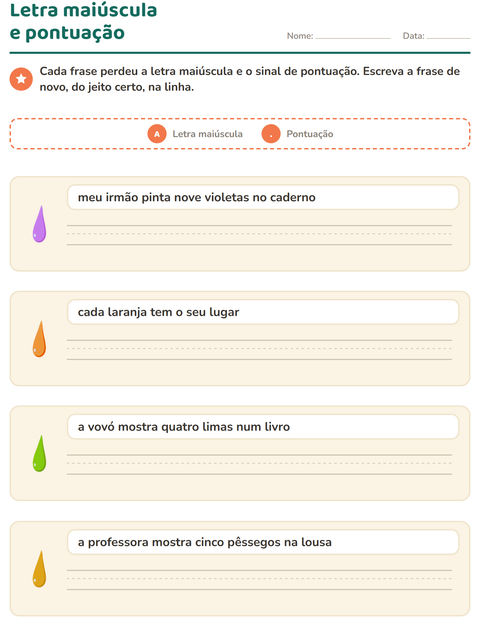 Pré-visualização da ficha de Maiúscula e pontuação com Cores para 2º ano do ensino fundamental
