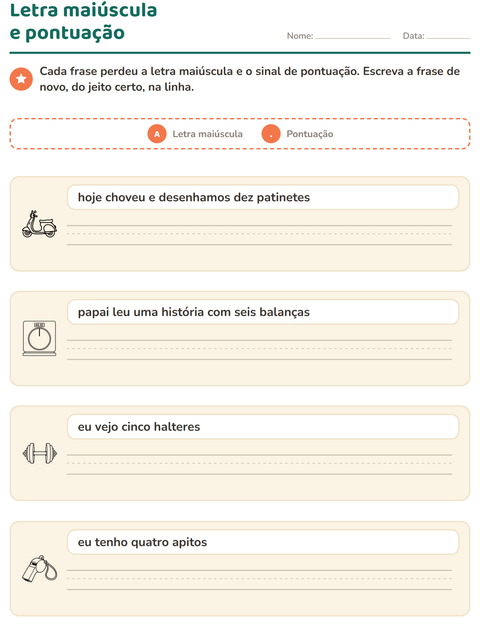 Pré-visualização da ficha de Maiúscula e pontuação com Esportes PB para 2º ano do ensino fundamental