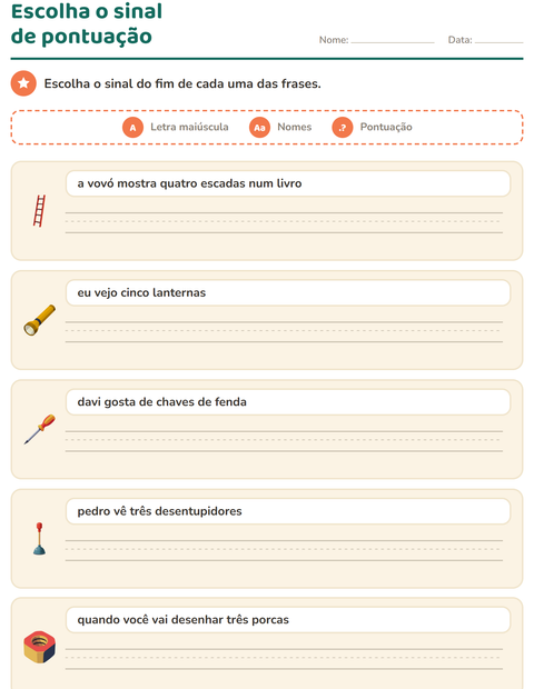 Pré-visualização da ficha de Maiúscula e pontuação com Ferramentas para 2º ano do ensino fundamental
