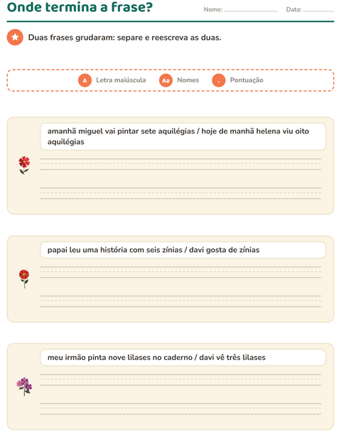 Pré-visualização da ficha de Maiúscula e pontuação com Flores para 2º ano do ensino fundamental