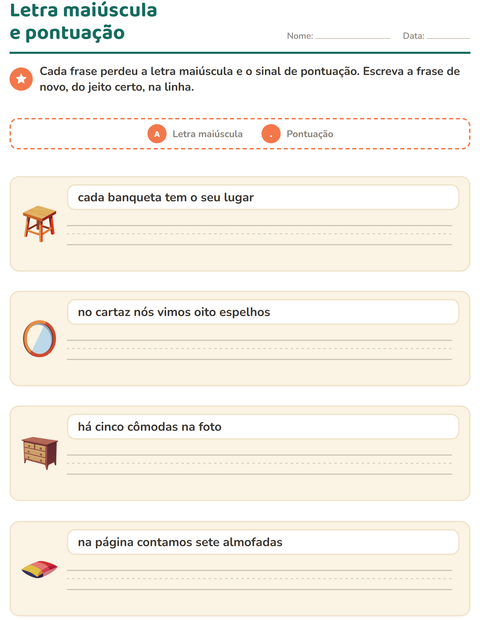 Pré-visualização da ficha de Maiúscula e pontuação com Móveis para 2º ano do ensino fundamental