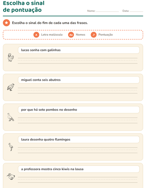 Pré-visualização da ficha de Maiúscula e pontuação com Pássaros P&B para 2º ano do ensino fundamental