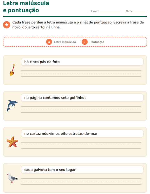 Pré-visualização da ficha de Maiúscula e pontuação com Praia para 2º ano do ensino fundamental
