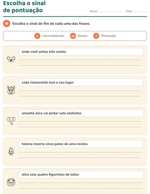 Pré-visualização da ficha de Maiúscula e pontuação com Rostos PB para 2º ano do ensino fundamental