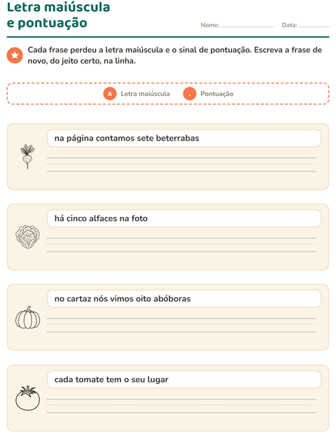Pré-visualização da ficha de Maiúscula e pontuação com Vegetais PB para 2º ano do ensino fundamental