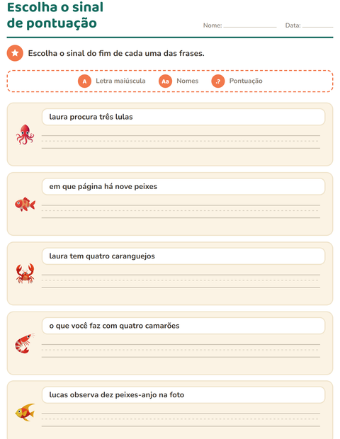 Pré-visualização da ficha de Maiúscula e pontuação com Vida marinha para 2º ano do ensino fundamental