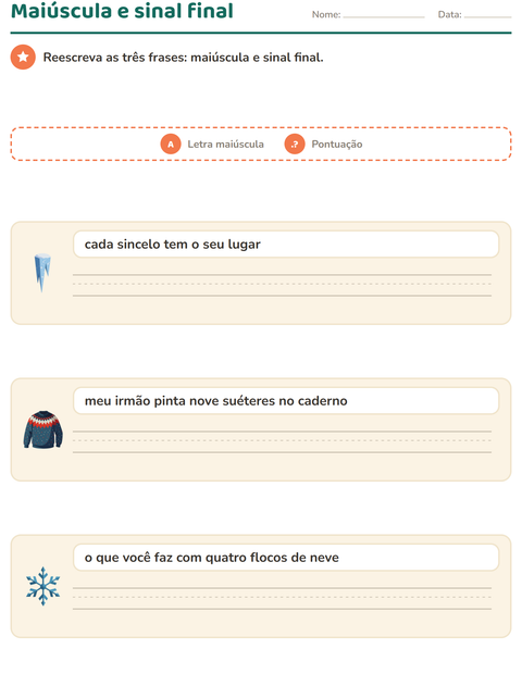 Pré-visualização da ficha de Maiúscula e pontuação com Inverno para 2º ano do ensino fundamental