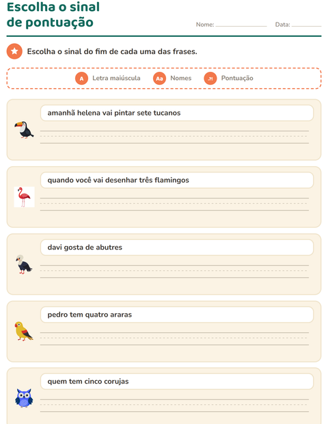 Pré-visualização da ficha de Maiúscula e pontuação com Pássaros para 2º ano do ensino fundamental