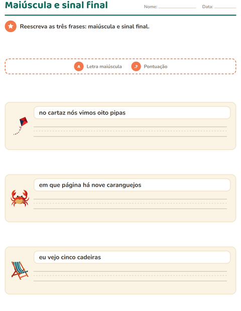 Pré-visualização da ficha de Maiúscula e pontuação com Praia para 2º ano do ensino fundamental