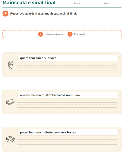 Pré-visualização da ficha de Maiúscula e pontuação com Sobremesa (P&B) para 2º ano do ensino fundamental