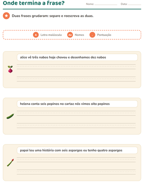 Pré-visualização da ficha de Maiúscula e pontuação com Vegetais para 2º ano do ensino fundamental