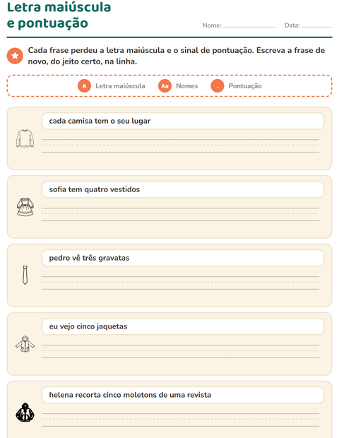 Pré-visualização da ficha de Maiúscula e pontuação com Vestuário PB para 2º ano do ensino fundamental