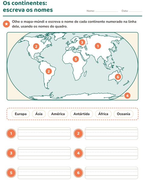 Os continentes: escreva o nome de cada um no mapa-múndi