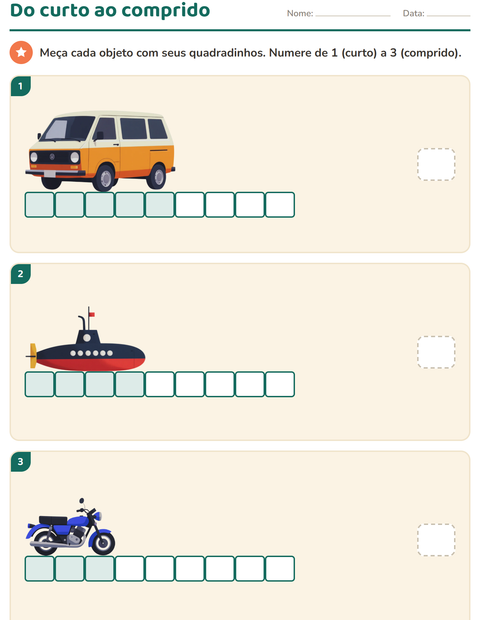 Pré-visualização da ficha de Medidas com Veículos para 1º ano do ensino fundamental