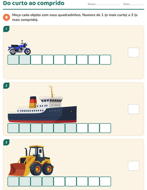 Pré-visualização da ficha de Medidas com Veículos para 1º ano do ensino fundamental