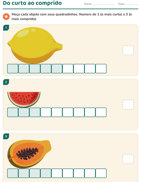 Pré-visualização da ficha de Medidas com Frutas para 1º ano do ensino fundamental