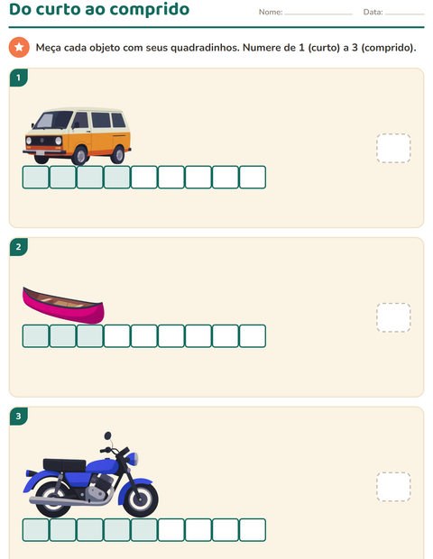 Pré-visualização da ficha de Medidas com Veículos para 1º ano do ensino fundamental