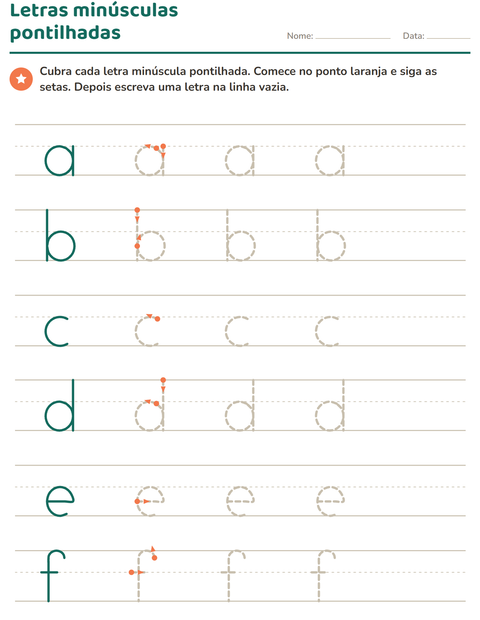 Prévia: Letras minúsculas pontilhadas de a a f nas linhas