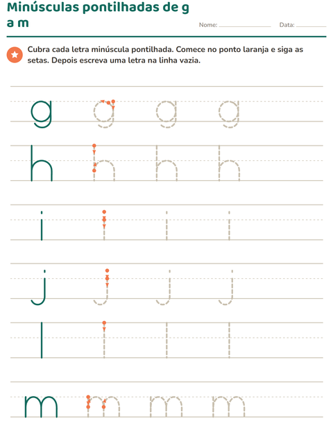 Letras minúsculas pontilhadas de g a m
