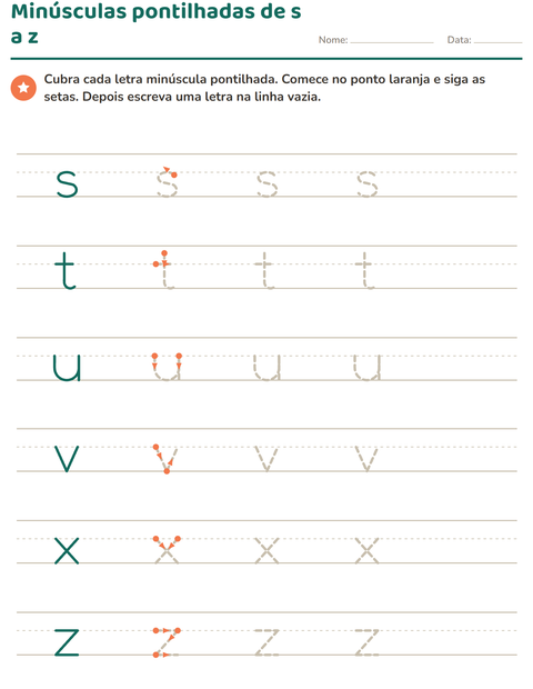 Letras minúsculas pontilhadas de s a z