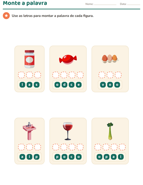 Pré-visualização da ficha de Montagem de palavras para Educação infantil (pré-escola, 5-7 anos)