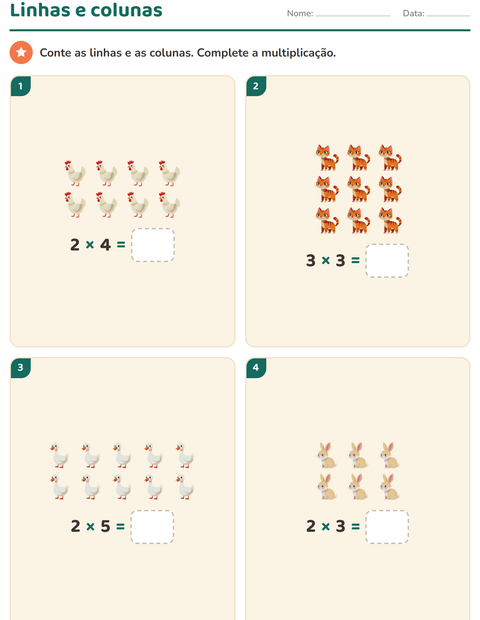 Pré-visualização da ficha de Multiplicação com Animais da fazenda para 2º ano do ensino fundamental