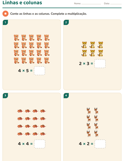 Pré-visualização da ficha de Multiplicação com Animais do zoológico para 2º ano do ensino fundamental