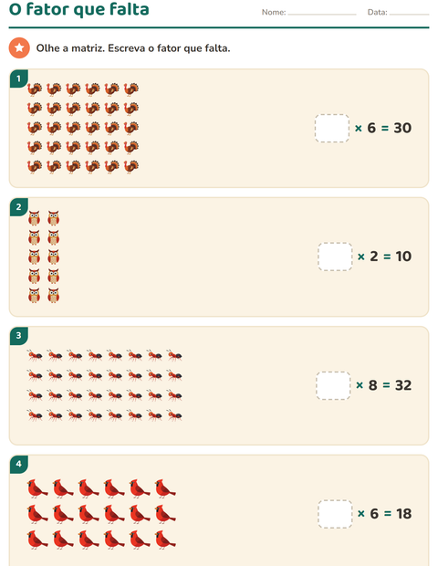 Pré-visualização da ficha de Multiplicação com Criaturas da floresta para 3º ano do ensino fundamental