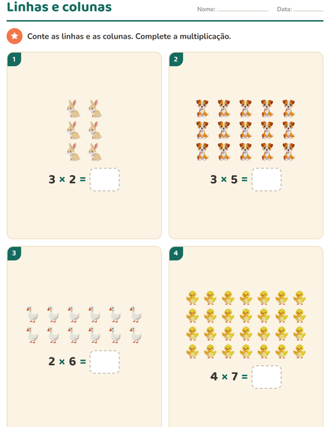 Pré-visualização da ficha de Multiplicação com Animais da fazenda para 2º ano do ensino fundamental