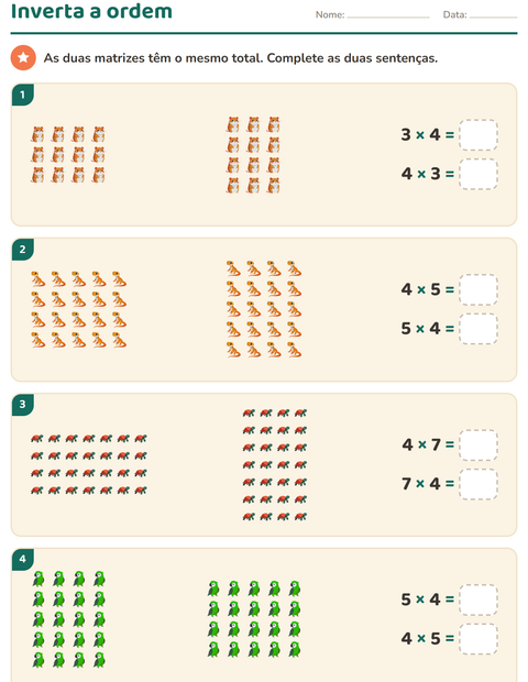 Pré-visualização da ficha de Multiplicação com Animais de estimação para 3º ano do ensino fundamental